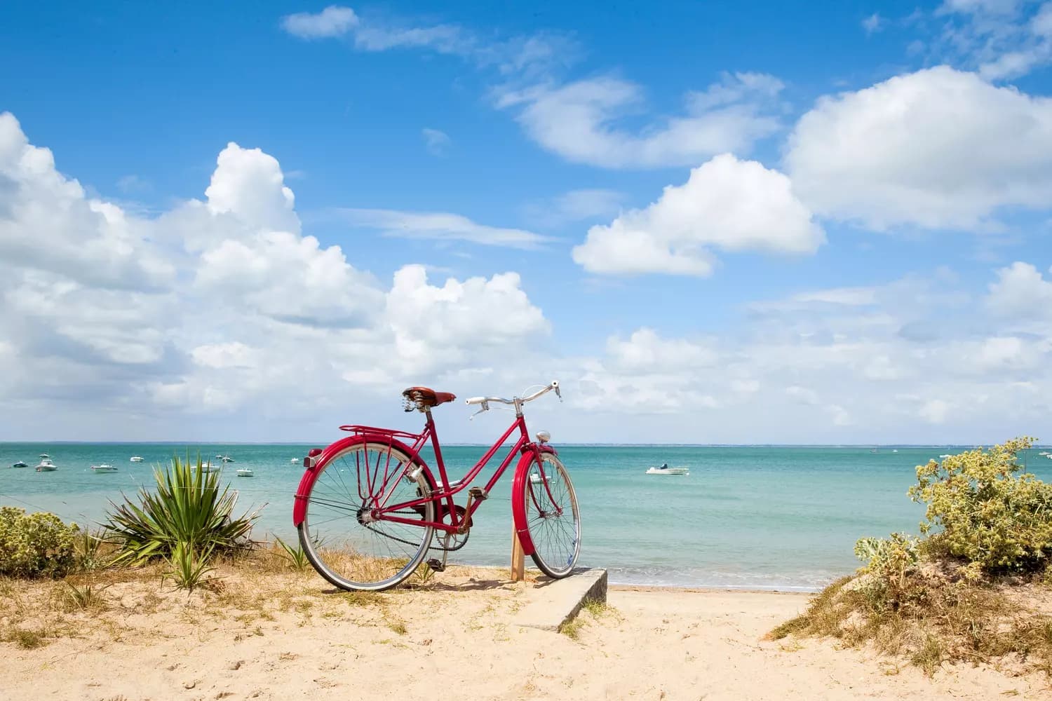 Vélo rouge devant la plage et la mer turquoise de l'Île de Ré